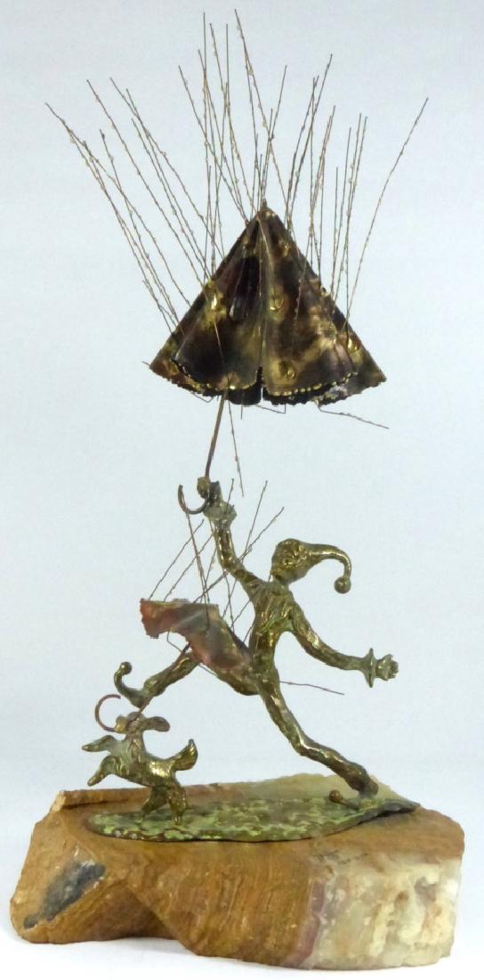 BRIAN BIJAN BRONZE & COPPER SCULPTURE JESTER w DOG: Brian Bijan bronze and copper sculpture depicting a jester and dog each holding an umbrella under the rain. Mounted on stone base. Signed and numbered 134/500. Measures 20 1/2" (52cm) height 2 1/4" (5