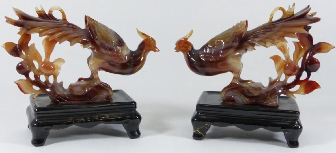 PR CHINESE CARVED CARNELIAN PHOENIX BIRDS w STANDS (1 of 10)