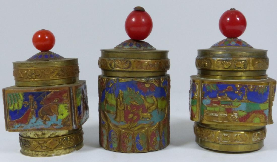 3pc CHINESE BRASS CHAMPLEVE ENAMEL TEA CADDY (1 of 7)