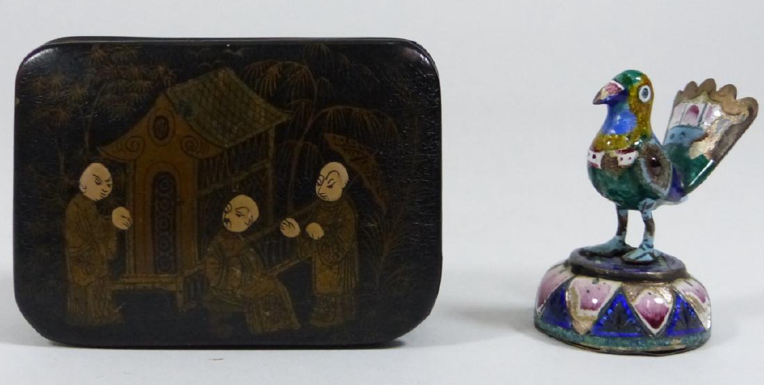2pc CHINESE BLACK LACQUERED BOX & ENAMELED BIRD (1 of 7)