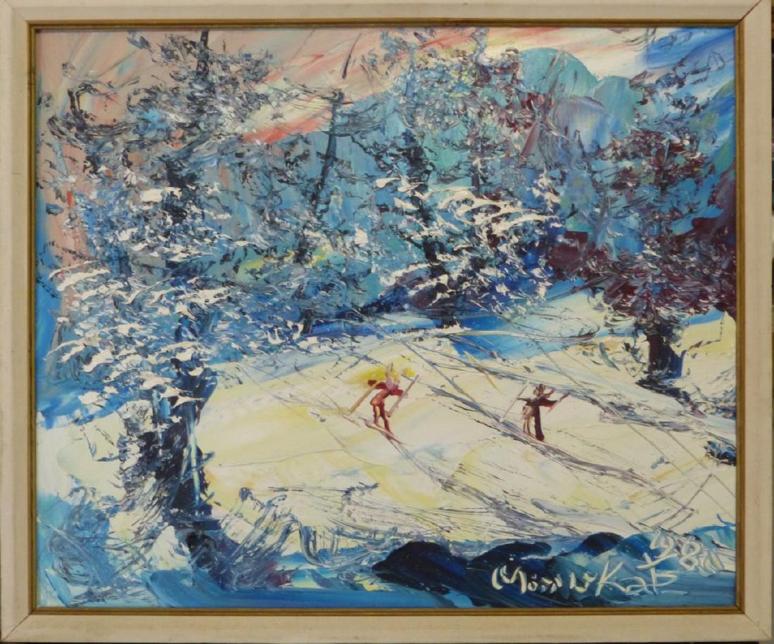 MORRIS KATZ OIL PAINTING ON MASONITE 1985: Morris Katz (American, 1932-2010) oil painting on masonite depicting two figures skiing through a mountain trail. Signed and dated lower right. Measures 23" (58.5cm) x 19 1/2" (50cm) + 1" frame (2.5cm