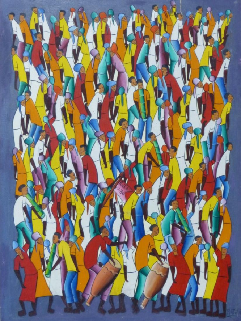 PIERRE HAITIAN OIL PAINTING ON CANVAS VILLAGE: Haitian oil painting on canvas depicting over 100 people. Signed lower right. Measures 30" (76cm) x 22" (56cm).