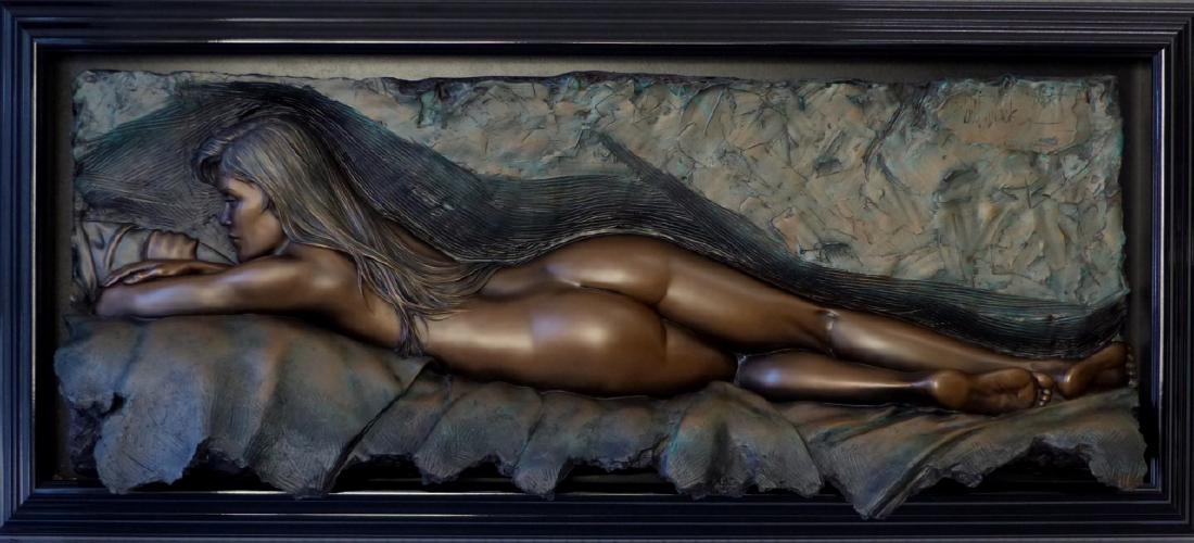 BILL MACK 'CONTEMPLATION' NUDE FEMALE SCULPTURE: Bill Mack (American b. 1949) bonded bronze sculpture titled 'Contemplation' depicts a reclining nude female. Signed upper right and numbered 10/75. Measures approximately 64" (163cm) x 26" (66cm) + ap