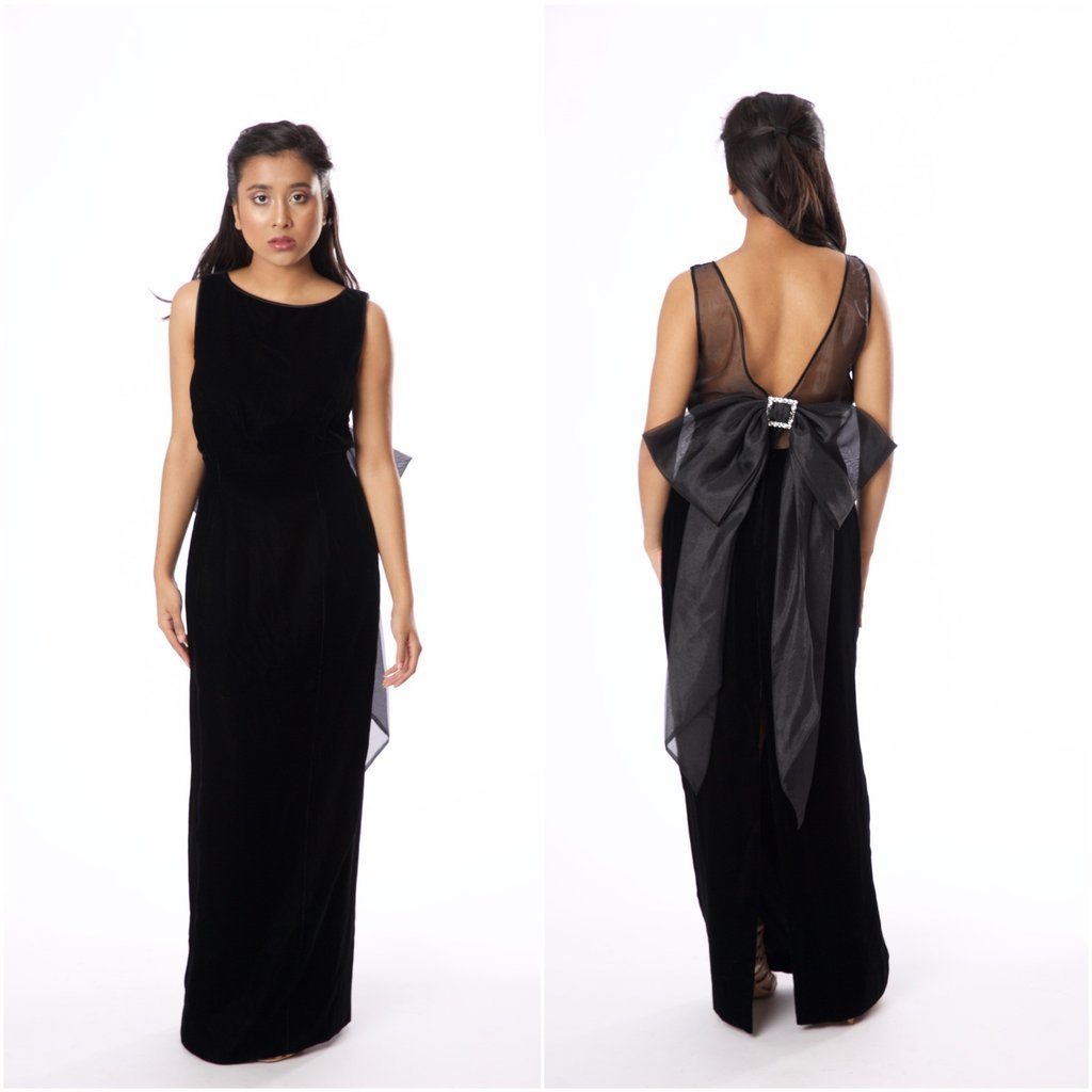 Vintage Inspired Morton Myles for Saks Fifth Ave Black: This item Vintage Inspired Morton Myles for Saks Fifth Ave Black Velvet Sleeveless Gown. Sheer Organza back with large bow. Zipper and clasp in the back for closure. Excellent condition with minor wea