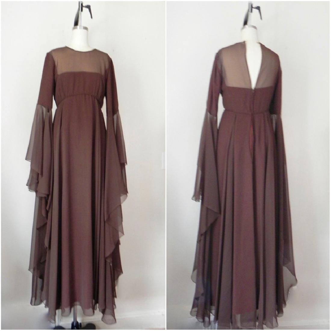 Vintage 1970s Estevez Brown Empire Chiffon Evening Gown: This item above is a "Vintage 1970s Estevez Brown Empire Chiffon Evening Gown. Excellent condition with minor wear and tear. Jewel neckline and huge angel wing sleeves. For sizing please view measurem
