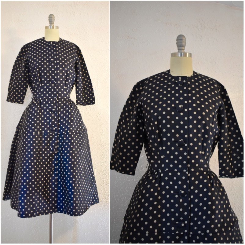 Vintage 1950s Suzy Perette Navy Blue Silk Polka Dot Dre (1 of 8)