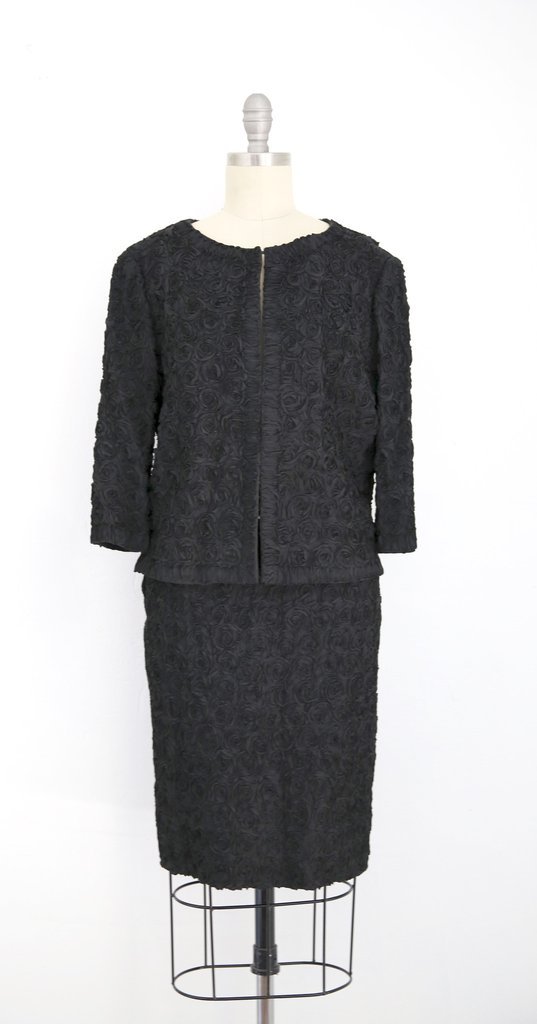 1960s  Vintage Black Floral Skirt Jacket Suit set (1 of 3)