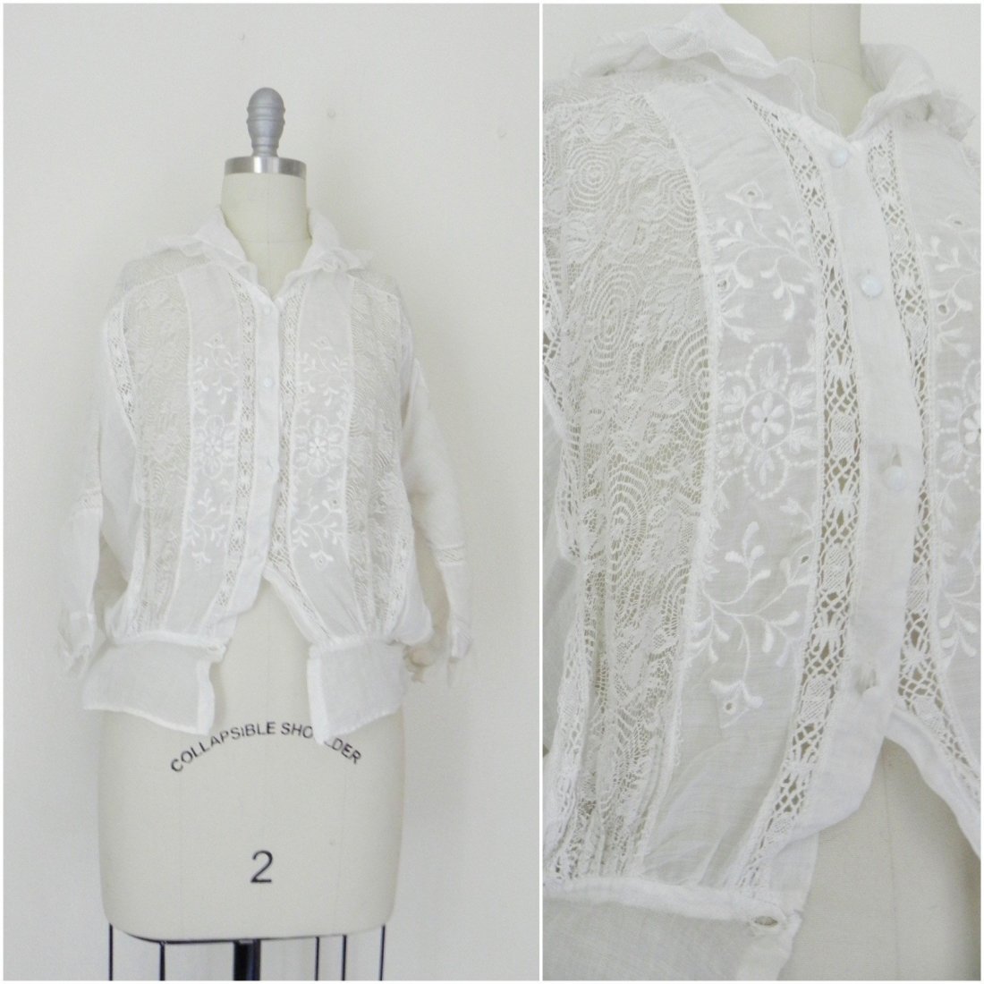 Edwardian Lace Cotton Top Blouse: This item above is a Edwardian Lace Cotton Top Blouse . Great condition for it's age. Minor wear and tear. Four Mother of pearls buttons on the front of the blouse for closure. Lace detailing througho
