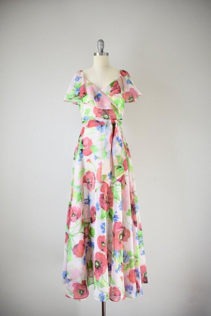 Vintage 1970s Sheer Floral Print Dress- Size Small/ (1 of 7)