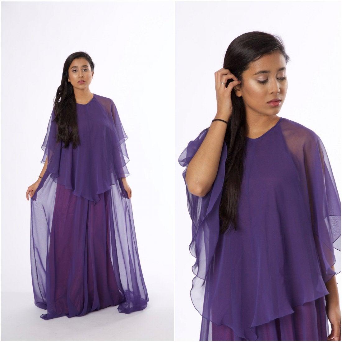 Vintage 1970s Jean Varon Plum Chiffon Evening Gown: This item above is a Vintage 1970s Jean Varon Plum Chiffon Evening Gown. Excellent condition for minor wear and tear. This gorgeous gown a voluminous A line, high neckline with cut armholes. Please vi