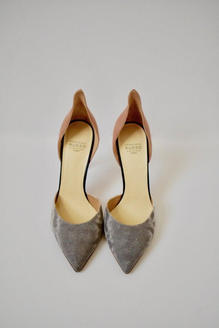 NEW IN BOX $760 Francesco Russo Paris Karung Nubuck: This item above is a pair of Francesco Russo Paris Karung Nubuck Exotic Flamed Heel Shoes. New in Box. Excellent condition with minor wear. Please view measurements below for sizing Measurements Outsi