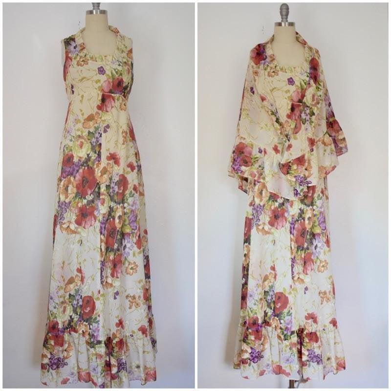 Vintage 1970s Patty O'Neil Maxi Floral Dress with Shawl: This item above is a Vintage 1970s Patty O'Neil Maxi Floral Dress with Shawl. Excellent condition with minor wear. Semi sheer floral batiste with empire fitted waist bodice. Ruffled neckline with wais