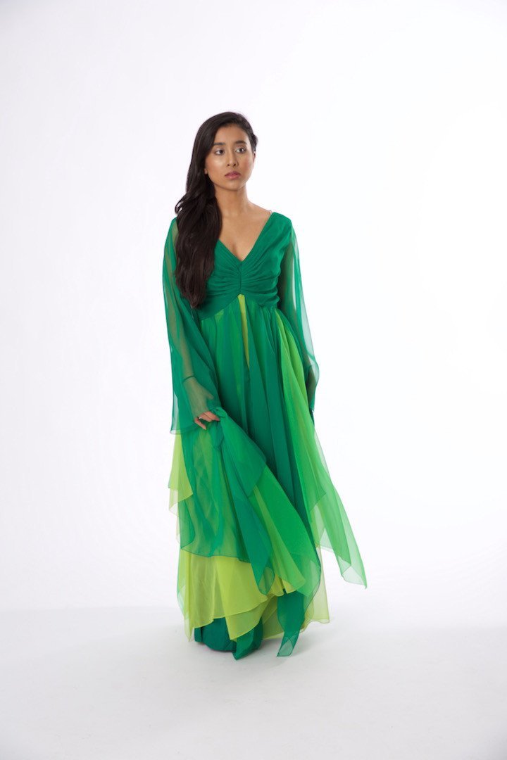 Vintage 1970s Shades of Green Chiffon Evening Gown: This item above is a Vintage 1970s Shades of Green Chiffon Evening Gown. Handkerchief layered panels in shades of green. Angel wing sleeves. Excellent condition with minor wear and tear( small hole on