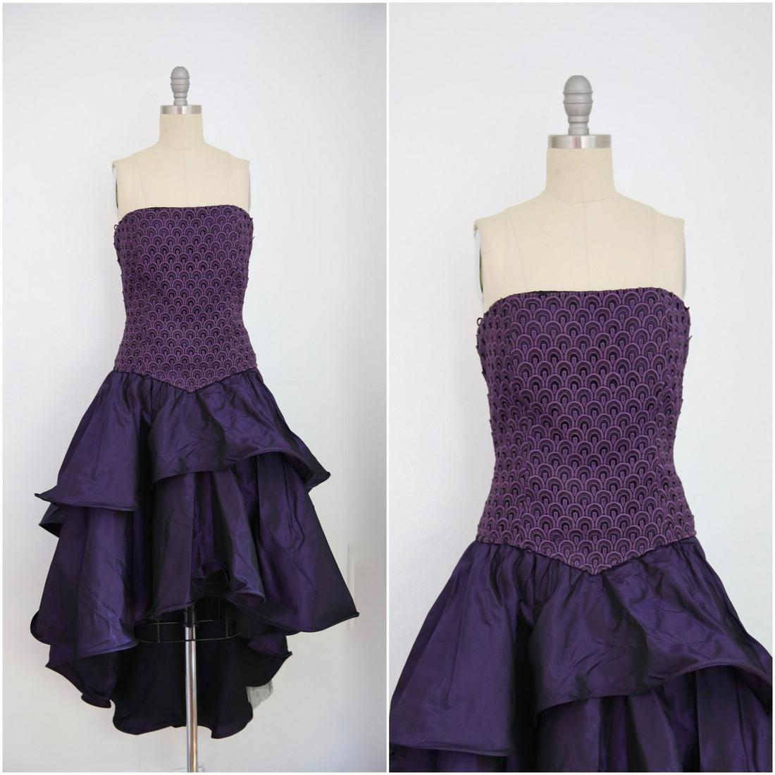 1980s Andrea Odicini Couture Purple Taffeta Dress: Vintage 1980s Andrea Odicini Couture Purple Taffeta Evening Dress. Excellent condition with minor wear. Zipper back for closure. Pin in mannequin to stay on. Please view measurements below for sizing.