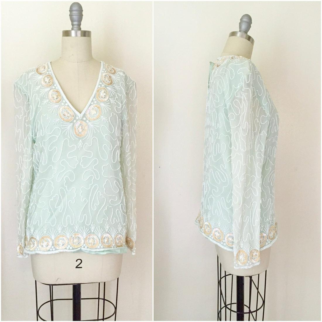 1980s Silk Chiffon Seaglass Blouse (1 of 4)