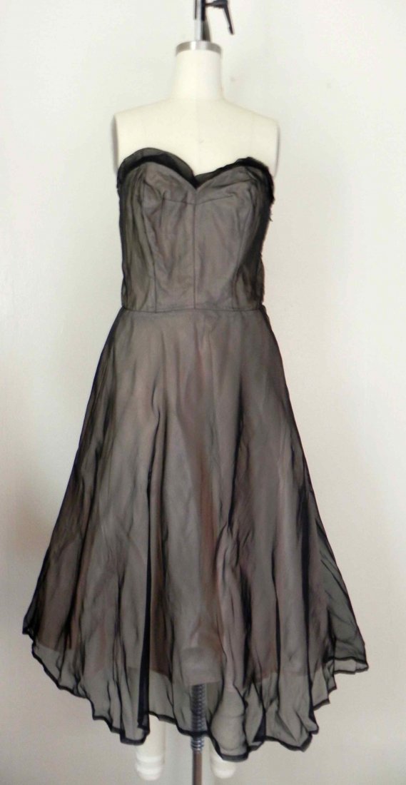 Vintage 1950s Black Henry A Condor Silk Â Strapless: Vintage 1950s Black Henry A Condor Silk Â Strapless Dress with Pink Lining . Excellent condition with minor wear. Metal zipper for closure and crinoline skirt underneath. Please view measurements be
