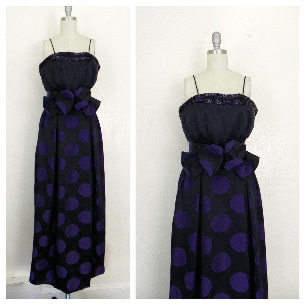 1970s Designer Morton Myles Couture Beaded Purple Dress: This item above is a vintage 1970s Designer Morton Myles Couture Beaded Purple Polka Dot Formal Dress. Excellent Condition Black satin like fabric with purple polka dots on skirt. Beaded on top and co