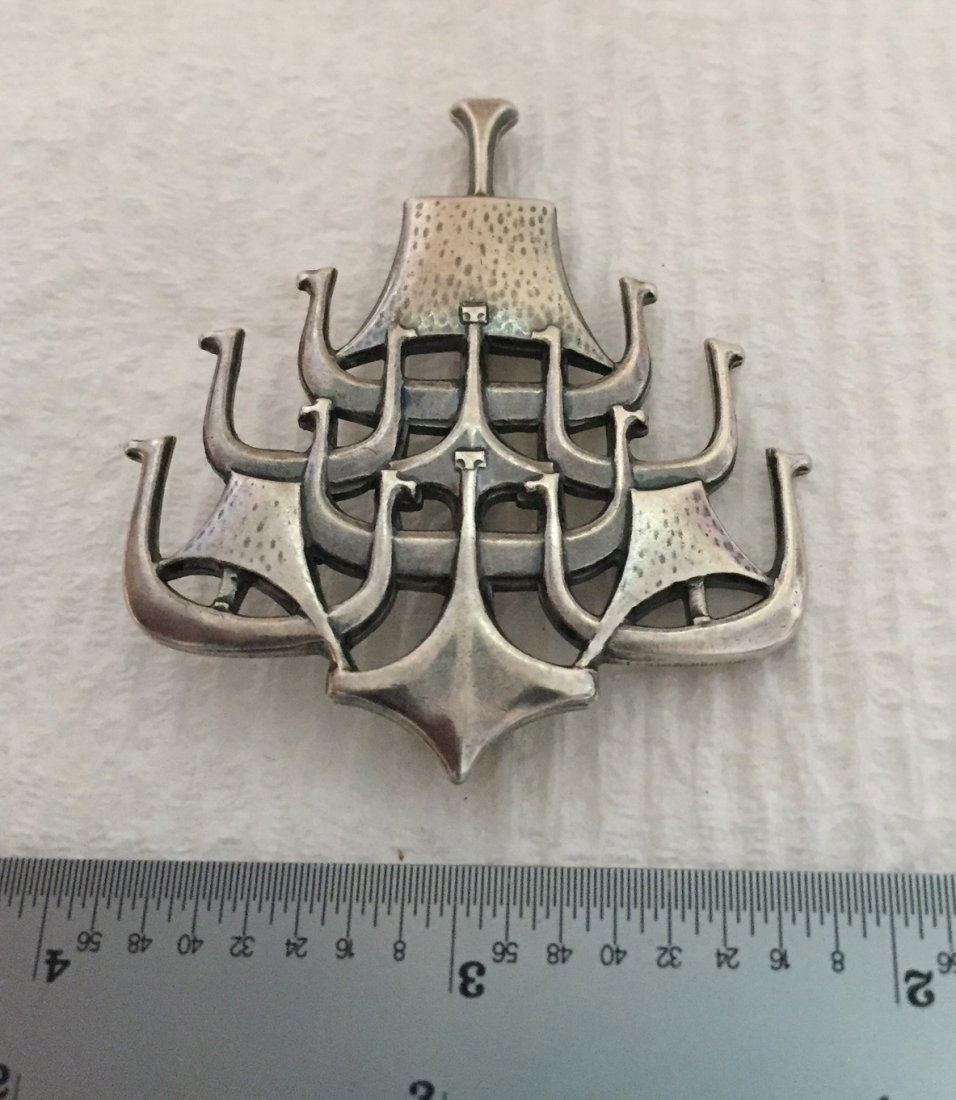 David Andersen Bjorn Sigurd "Fleet of Ships" Brooch: Signed DA David Anderson, design by Bjorn Sigurd. Marked 925, Norway. 52 x 46 mm. 18 grams.