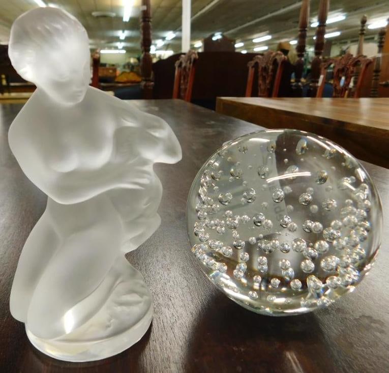Lalique Statue and Pfeiffer Controlled Bubble Paperweight: See Photos for Details and Condition