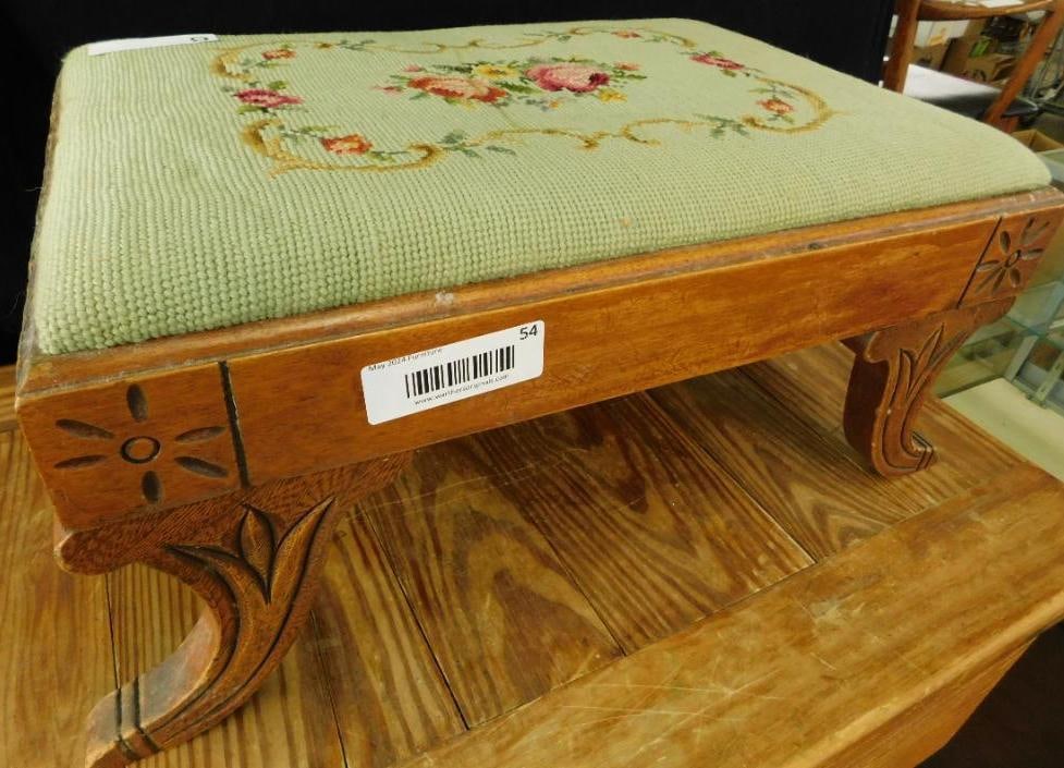 Upholstered Needlepoint Footstool: 9" x 19" x 13"