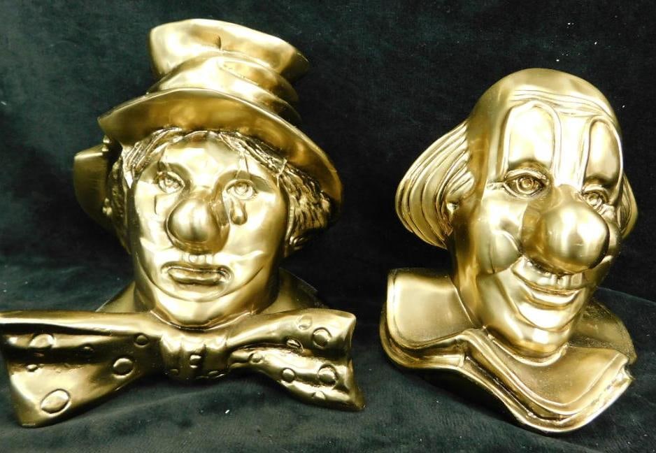 PM Craftsman - USA - Cast Metal Clown Bookends - Each 5.5" x 5" x 4": See Photos For Condition and Details