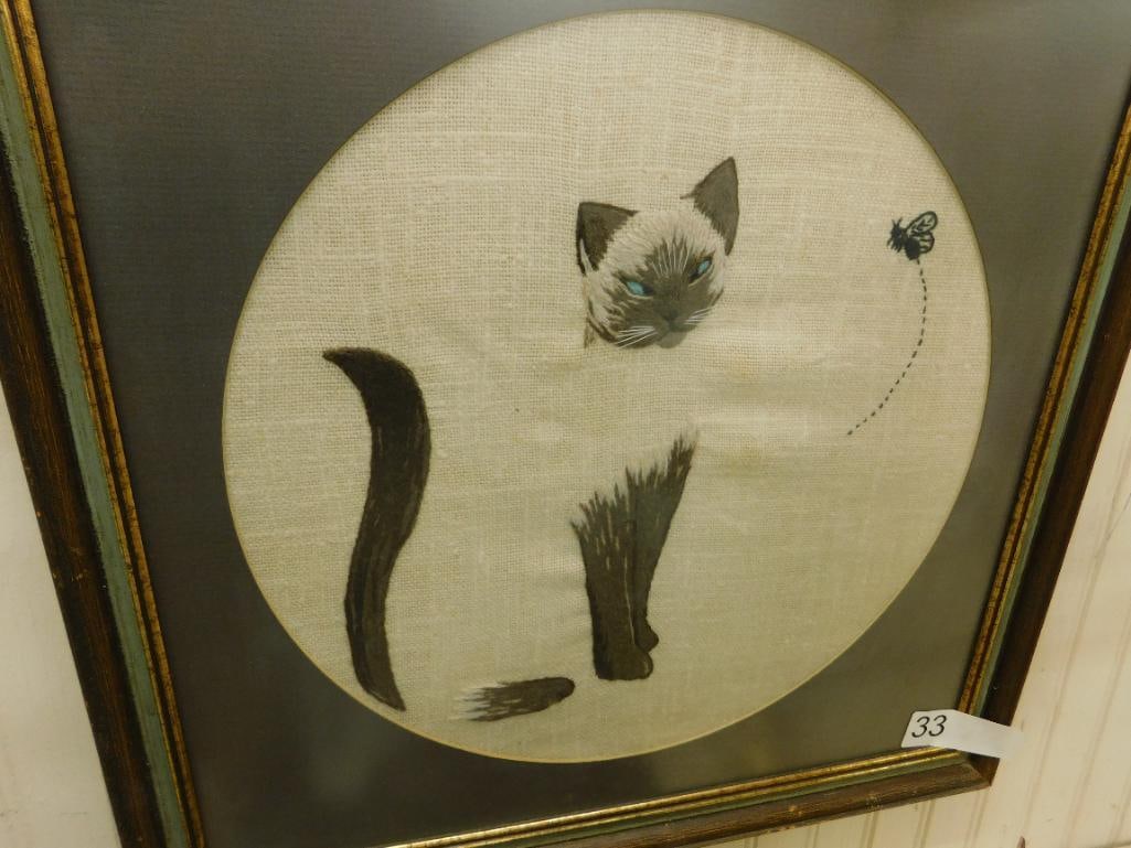 Mid Century - MCM - Needlepoint / Embroidery - Siamese Cat and Bee - Framed (1 of 7)