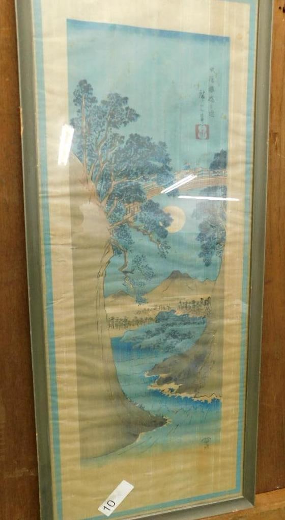 Vintage Asian Block Print on Silk - Framed - Bridge Over River - 36" x 15.5" (1 of 10)
