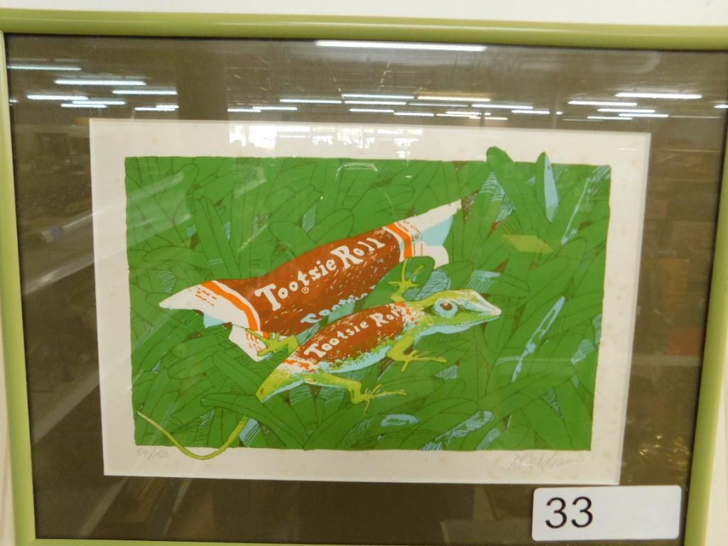 Limited Edition Lithograph - 54/150 - Signed - Tootsie Roll and Gecko - Framed 9.5" x 12.5": See Photos For Condition and Details