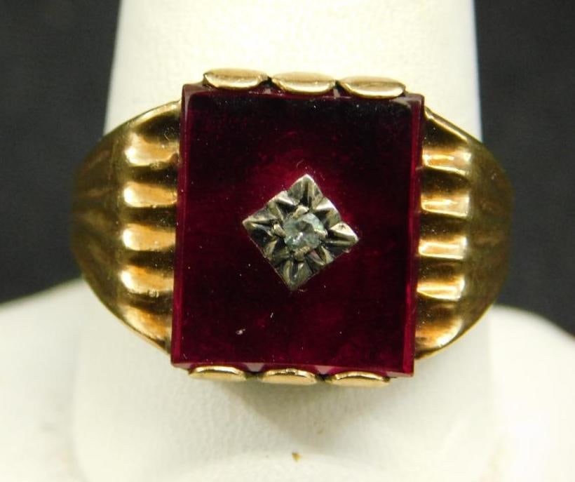 10K Yellow Gold - Ring - Size 13 - Red Stone with Diamond - 7.6 Grams TW (1 of 6)