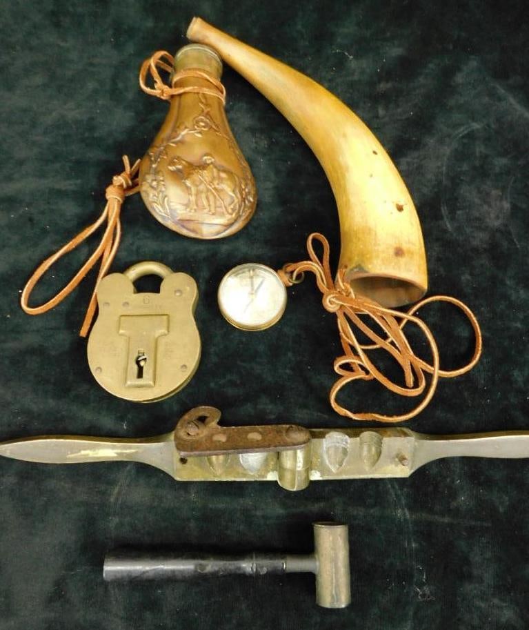 Box Lot - 2 Powder Horns - Bullet Mold - Padlock - Compass - Pourer (1 of 9)