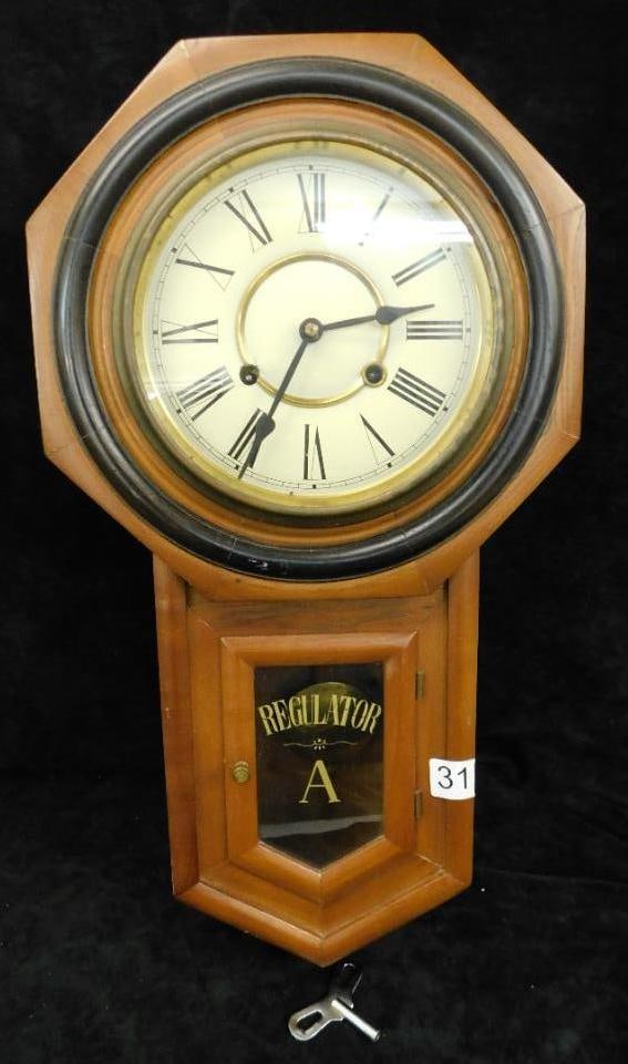 Vintage Wall Hung Regulator Clock - 8 Day - with Key - 22" x 12" x 5" (1 of 10)