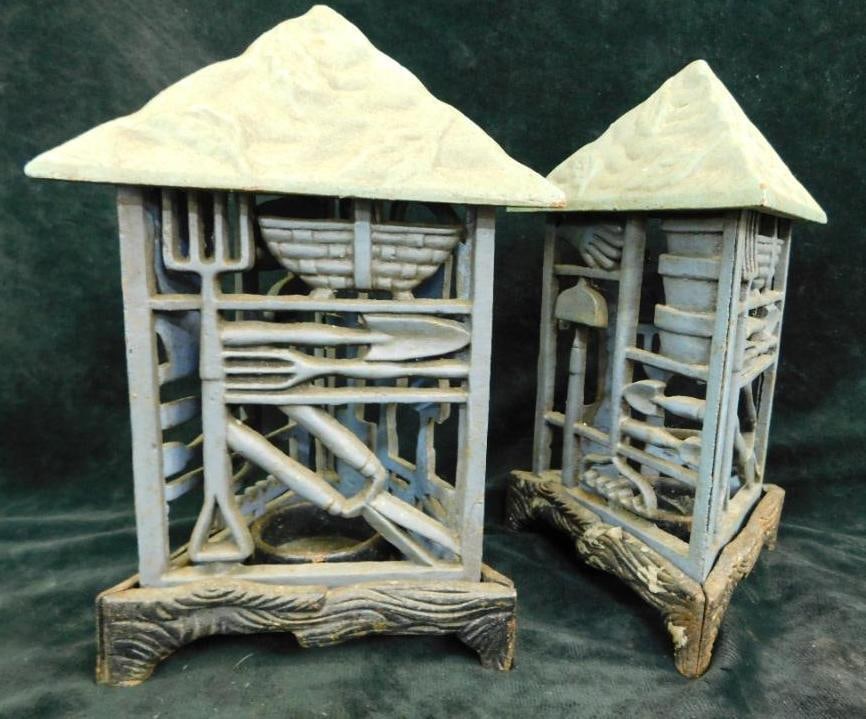 Pair of Cast Iron Garden Themed Lanterns - Each 8.5" x 6" x 5" (1 of 7)