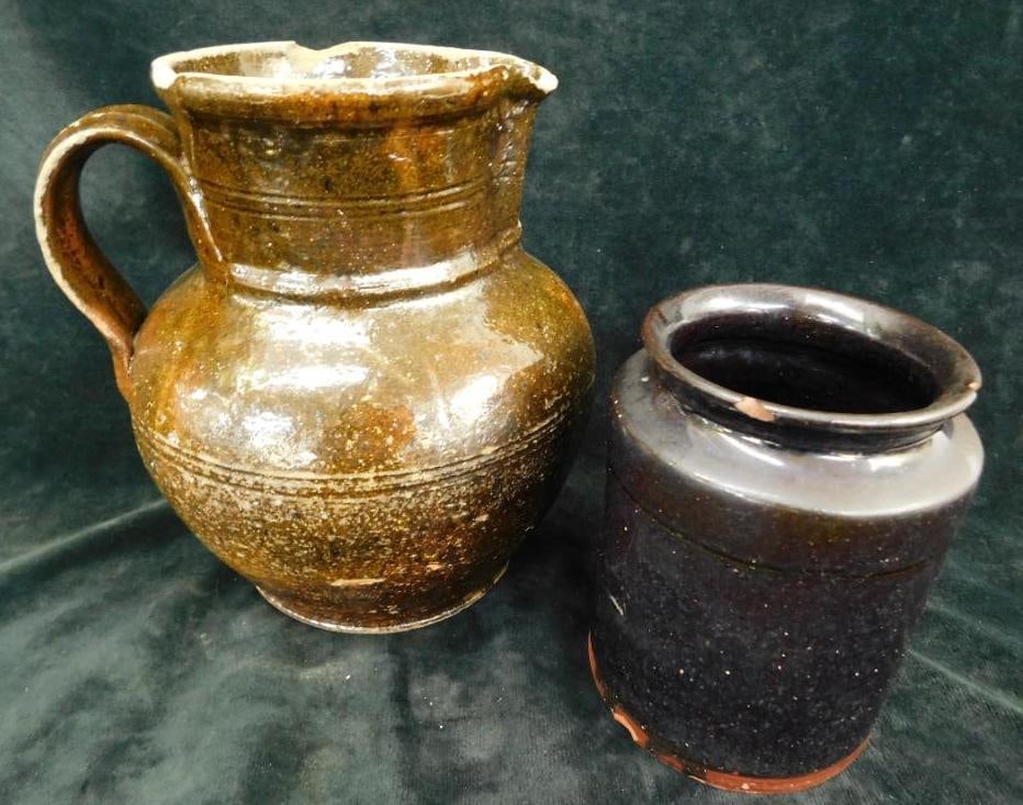 2 Pieces of vintage Pennsylvania Redware - Circa 1880 - 8" x 7" and 8.5" x 4": Has Some Chips - See Photos For Condition and Details