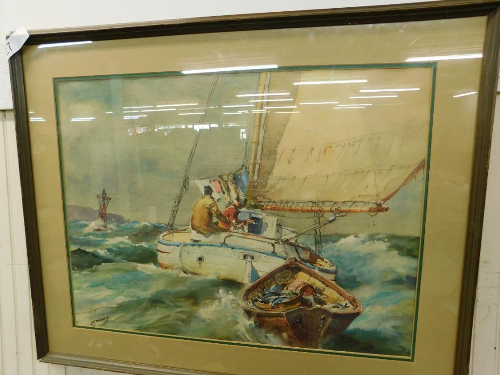 Framed Watercolor - Signed Sessions - Fishing Sail Boat - 27" x 34" (1 of 11)
