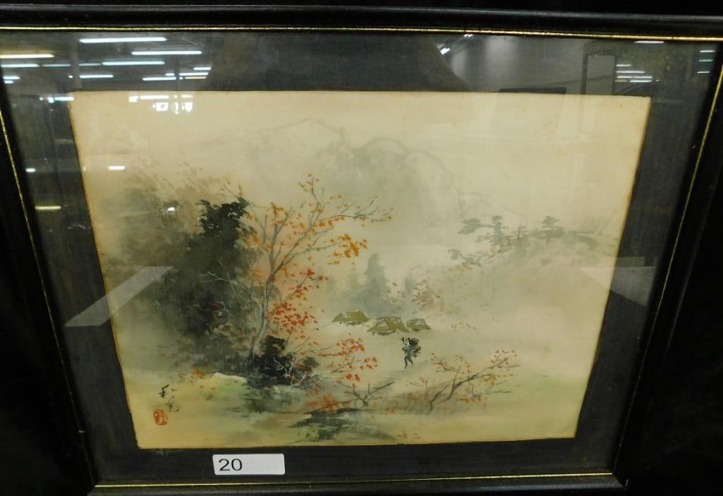 Vintage Painted Japanese Painting on Silk - Signed - Mountain Scene - 17" x 21" (1 of 12)