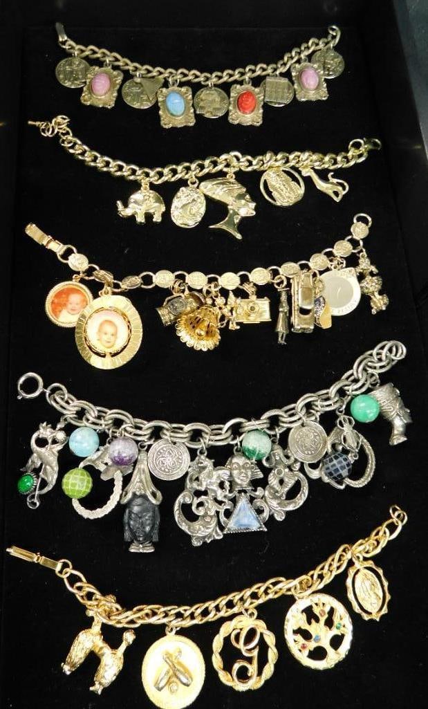 Tray Lot of 5 Vintage Costume Jewelry - Charm Bracelets: See Photos For Condition and Details