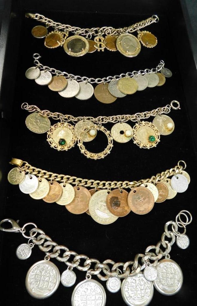 Tray Lot of 5 Vintage Costume Jewelry - Charm Bracelets - Coin: See Photos For Condition and Details