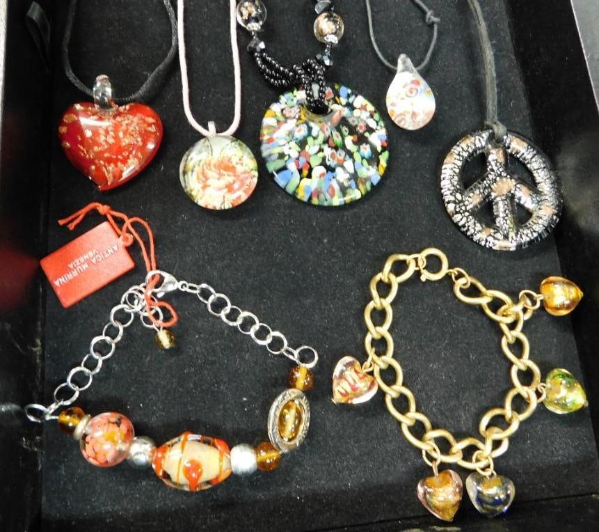 Tray Lot of Costume Jewelry - Art Glass - 5 Necklaces - 2 Bracelets: See Photos For Condition and Details