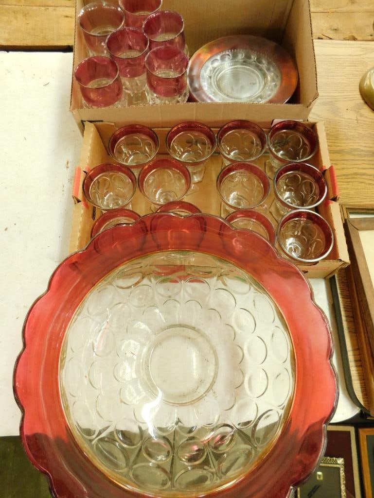 Cranberry Flash Glass Lot - Punch Bowl 12 Cups 6 Goblets and 8 Plates (1 of 13)