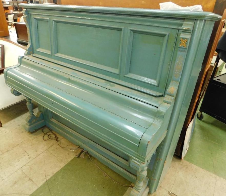 Vintage Jacob Doll Blue Painted Upright Piano - New York: 54" x 64.5" x 27"