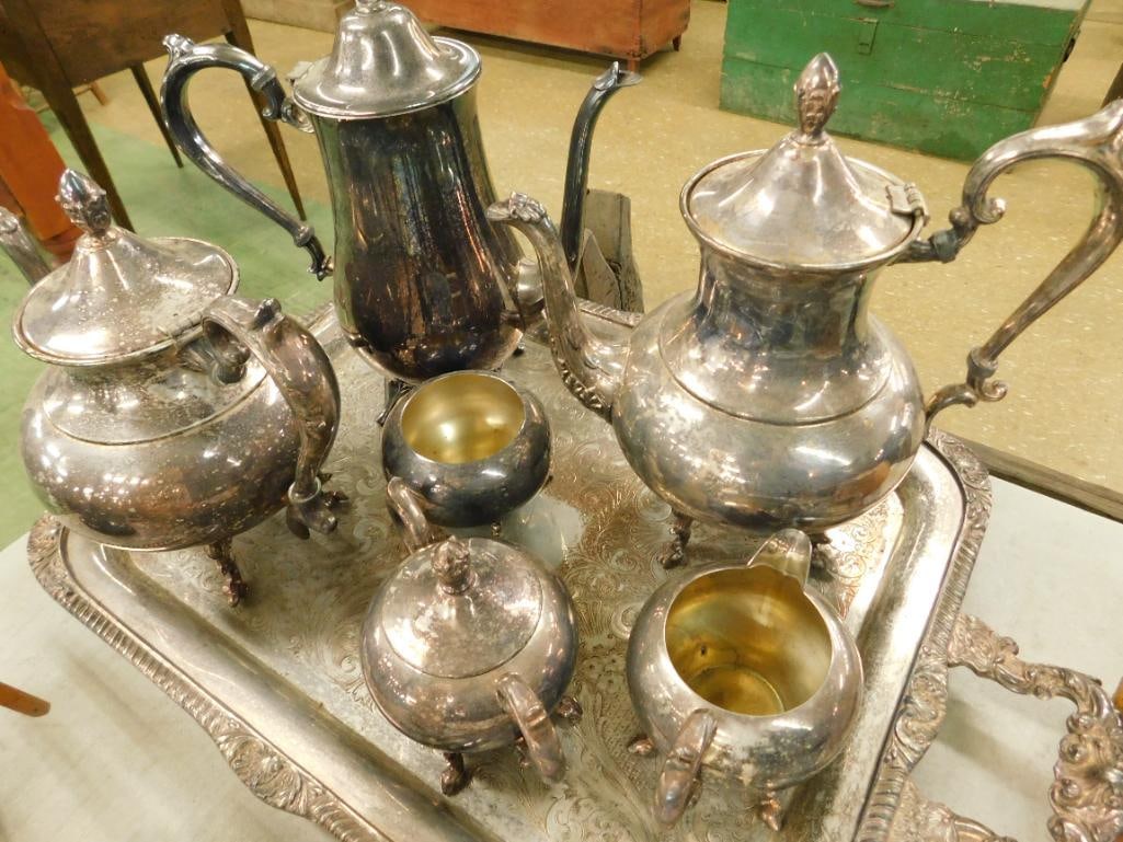 Silver Plate on Copper Tea Set with Tray: See Photos For Details and Condition
