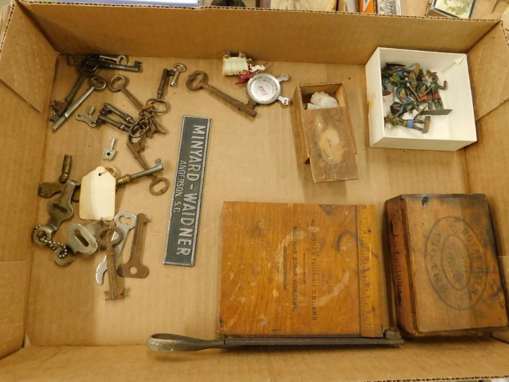 Box Lot of Misc. Keys - Paper Cutter - Cigar Box - Lead Soldiers (1 of 15)
