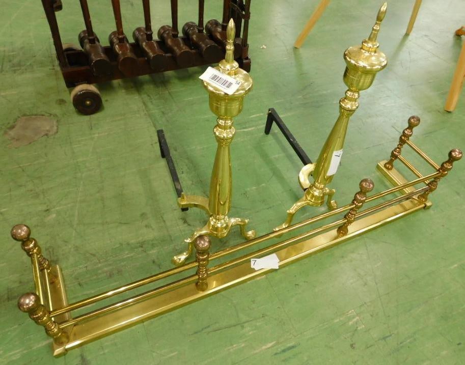Pair of Brass Andirons and a Brass Fireplace Skirt: Skirt 8.5" x 42"x 8" Andirons 22.5" Tall