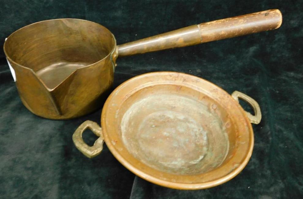 Copper Pouring Pot with Wood Handle - 4" x 16" x 8" - Copper Handled Plate 1.5" x 11" x 8": See Photos For Condition and Details