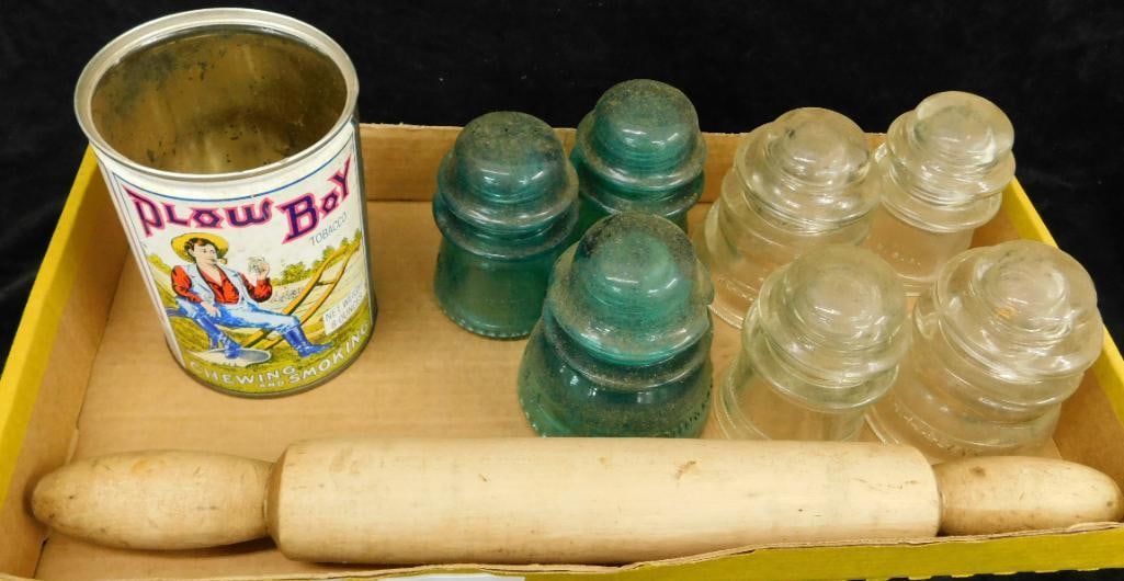Lot with Non-Threaded Glass Insulators - Rolling Pin - Vintage Tin (1 of 7)