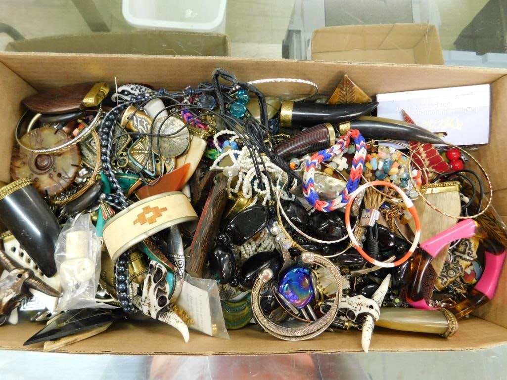 Bulk Costume Jewelry Box Lot - Horn - Real Stone - Glass: See Photos For Condition and Details
