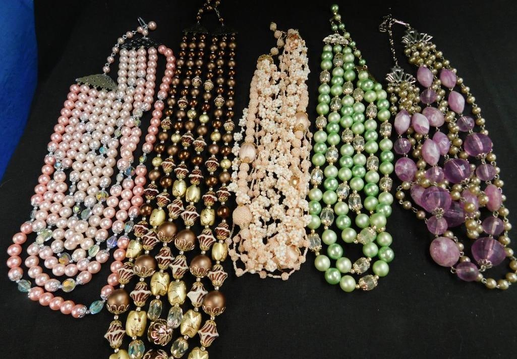 Costume Jewelry - 5 Multi Strand Necklaces: See Photos For Condition and Details