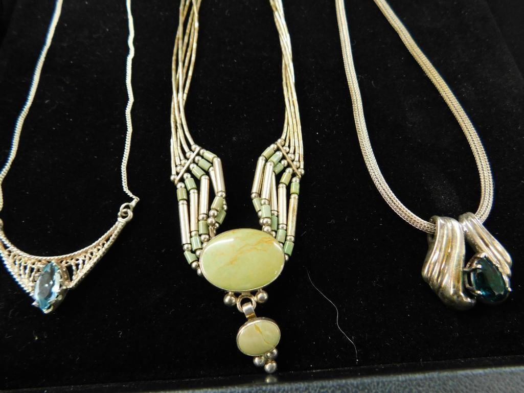 Sterling Silver - 3 Pendant Necklaces with Stones - All 18" - 28.0 Grams TW (1 of 9)