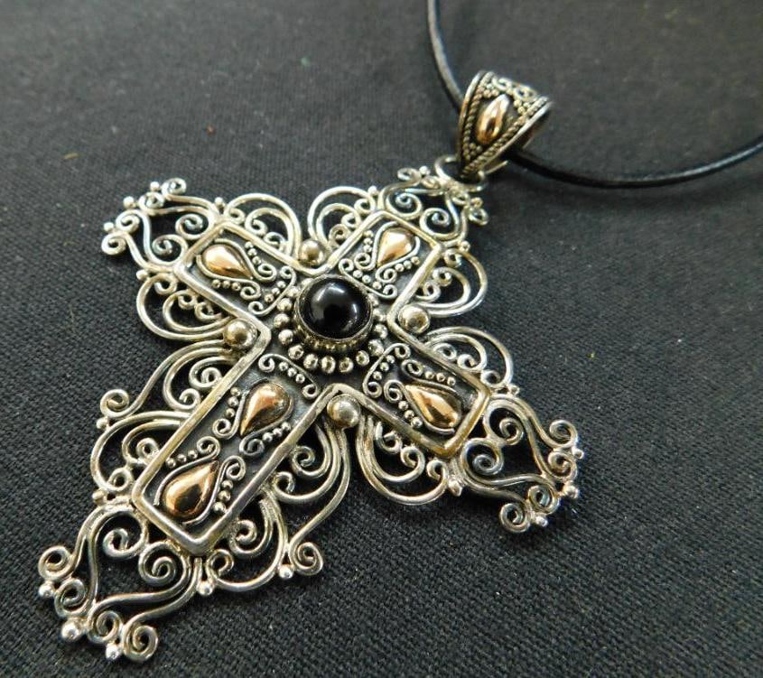 Sterling Silver and 18K Yellow Gold - Cross Pendant Necklace on Leather Cord - 15" - 22 Grams (1 of 9)