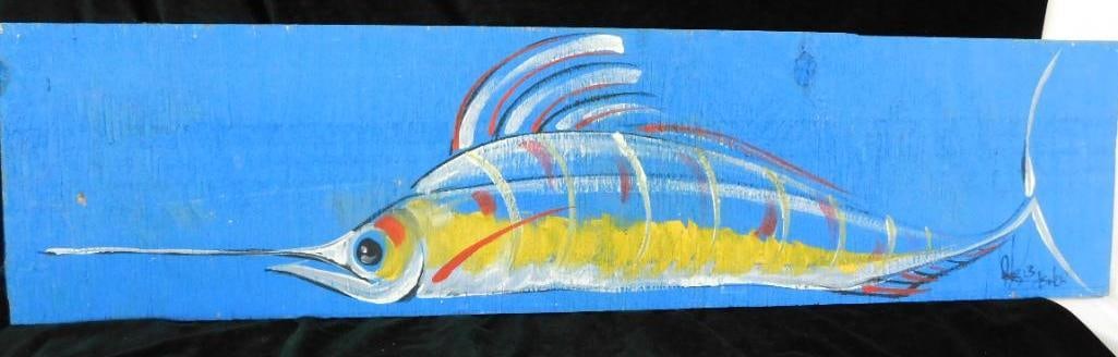 Folk Art - Signed Asher - Sailfish / Marlin on Plywood - 12" x 48": See Photos For Condition and Details